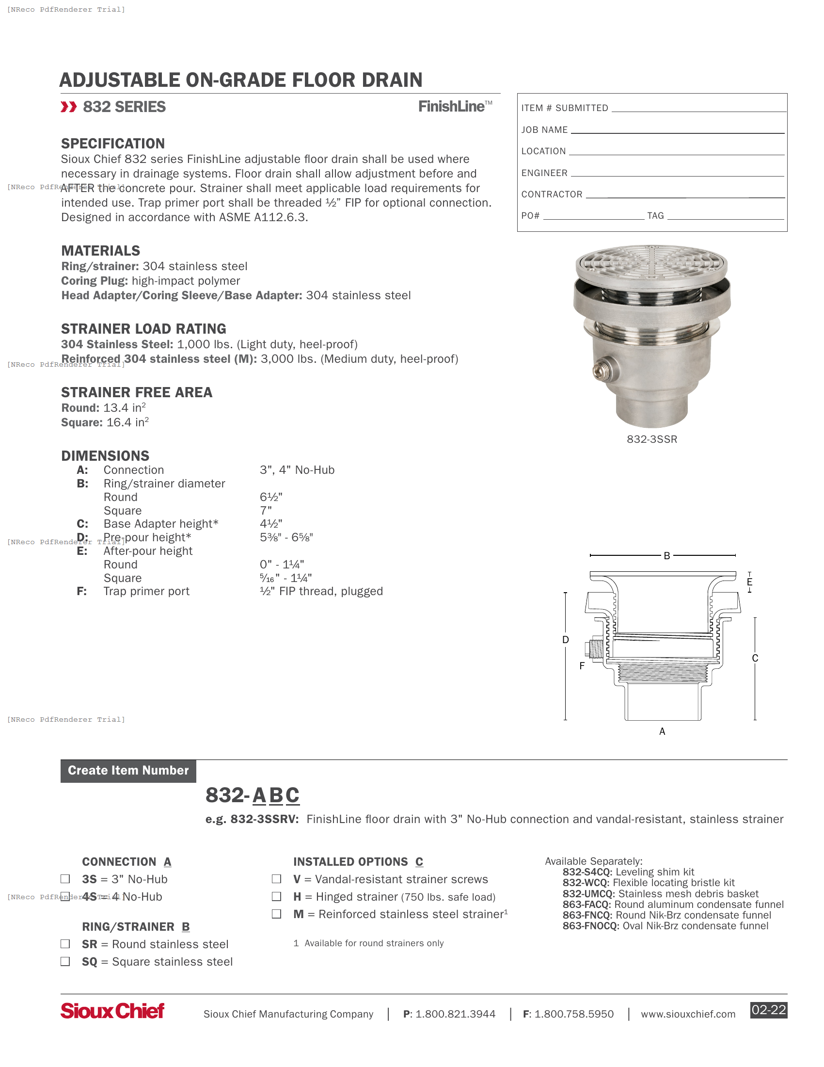 832 SERIES - FINISHLINE ADJUSTABLE FLOOR DRAIN STAINLESS STEEL - SPEC SHEET.PDF Specification Document